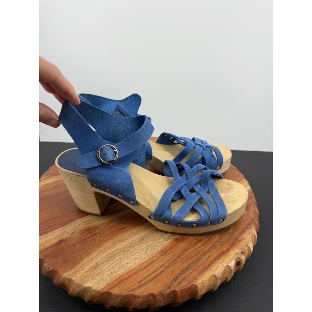 Loft Strappy Clog Platform Sandals Women 8.5 Blue Leather Wood Block Heel Studs